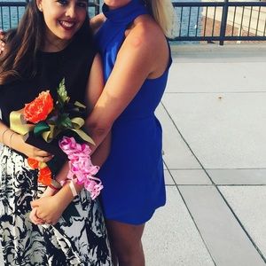 High neck blue dress with keyhole back